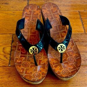 Tory Burch Black and Gold Thong Sandals